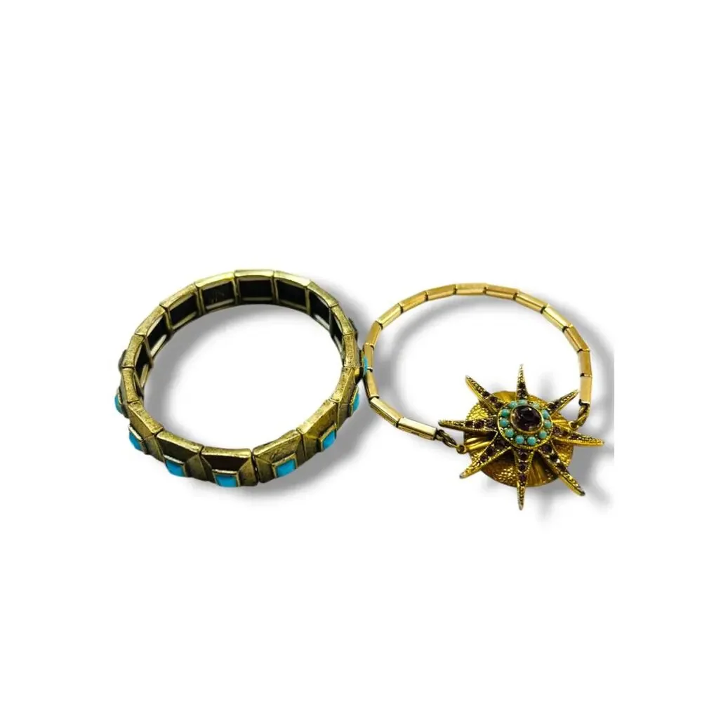 Set of 2 Goldtone Stretch Bracelets Faux Turquoise Starburst Retro Style